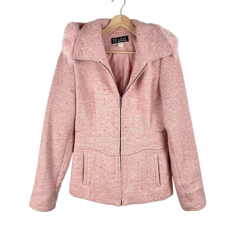 y2k Pink Tweed Wool Blend Coat Size S Faux Fur Trim Full Zip Jacket Bratz Doll